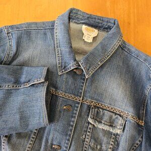 Talbots Woman Stretch Denim Jacket Fringed Flap Pockets and Hem Plus Size 20W